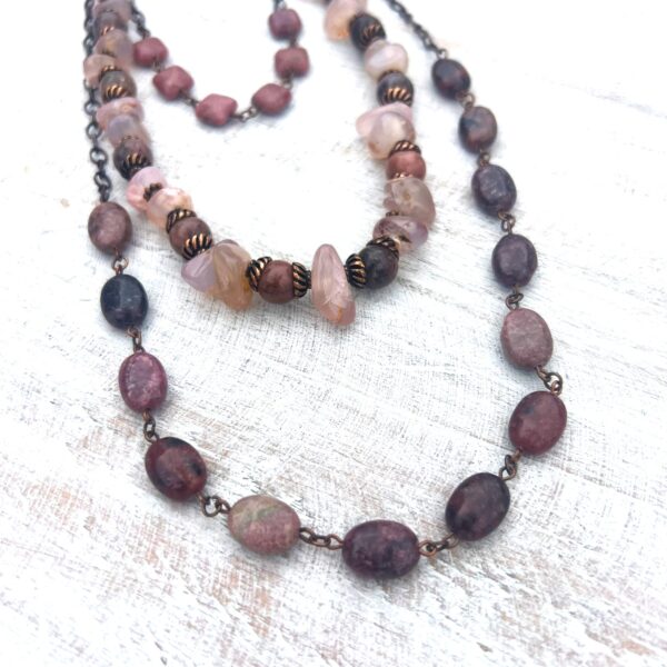 Rhodochrosite and Pink Quartz Triple Layered Copper Chain Necklace