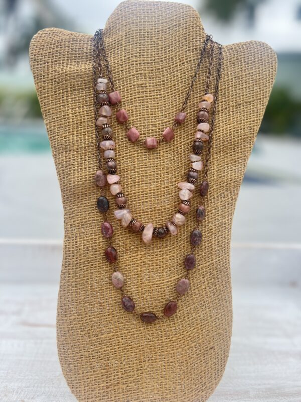 Rhodochrosite and Pink Quartz Triple Layered Copper Chain Necklace