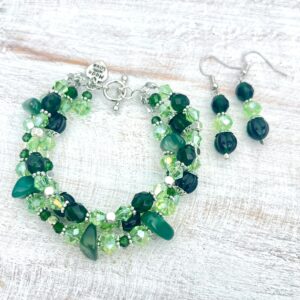 Triple Strand Green Agate Chip and Glass Bracelet & Earrings Set