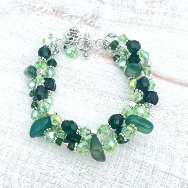 Triple Strand Green Agate Chip and Glass Bracelet & Earrings Set