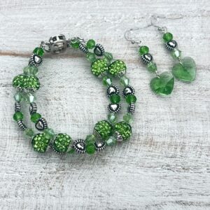 Green Rhinestone Ball & Heart Double Strand Bracelet & Earrings Set