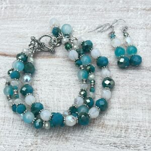 Teal Blue Faceted Glass Triple Strand Bracelet & Earrings Set