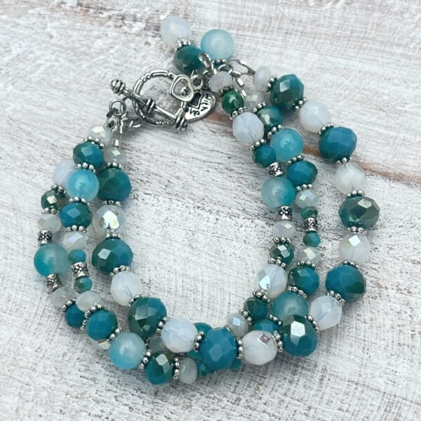 Teal Blue Faceted Glass Triple Strand Bracelet & Earrings Set