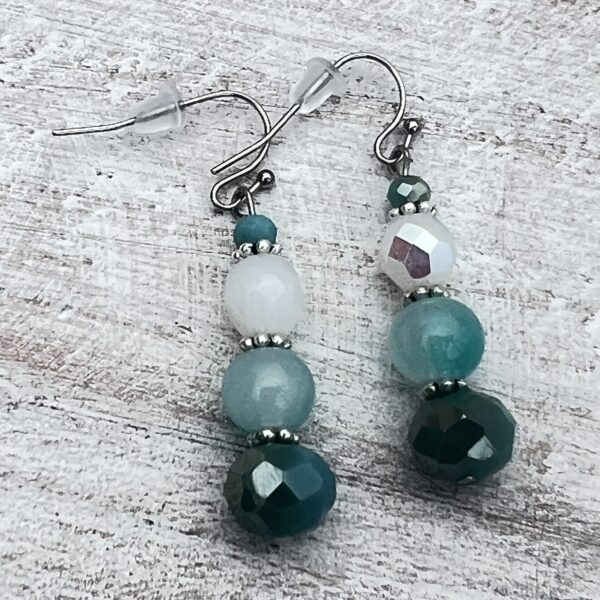 Teal Blue Faceted Glass Triple Strand Bracelet & Earrings Set