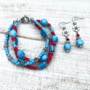 Blue and Hot Pink Flower Triple Strand Bracelet & Earrings Set