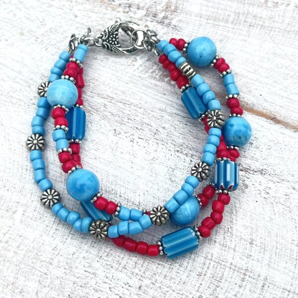 Blue and Hot Pink Flower Triple Strand Bracelet & Earrings Set