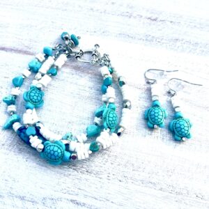 Turquoise Howlite Turtle, Heart and White Shell Multi-Strand Bracelet & Earrings Set