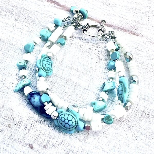 Turquoise Howlite Turtle, Heart and White Shell Multi-Strand Bracelet & Earrings Set