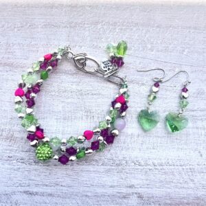 Hot Pink and Green Glass Multi-Strand Bracelet & Earrings Set