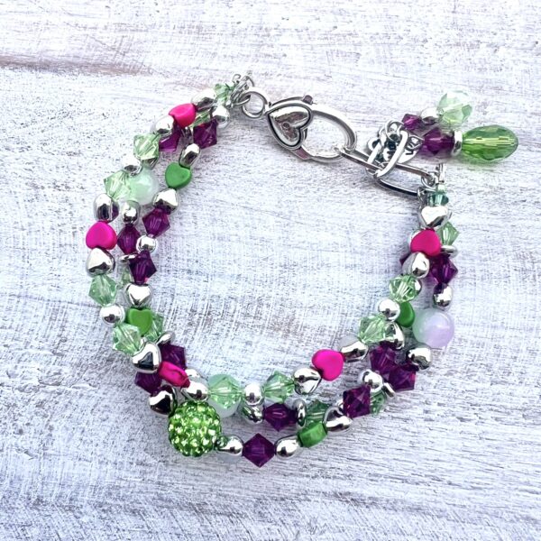 Hot Pink and Green Glass Multi-Strand Bracelet & Earrings Set