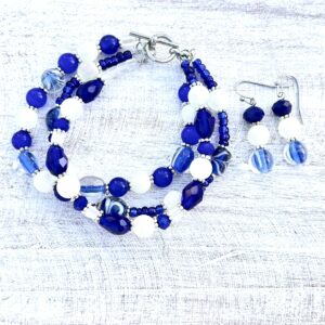 Royal Blue & Frosted White Multi-Strand Bracelet & Earrings Set
