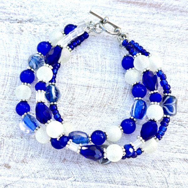 Royal Blue & Frosted White Multi-Strand Bracelet & Earrings Set