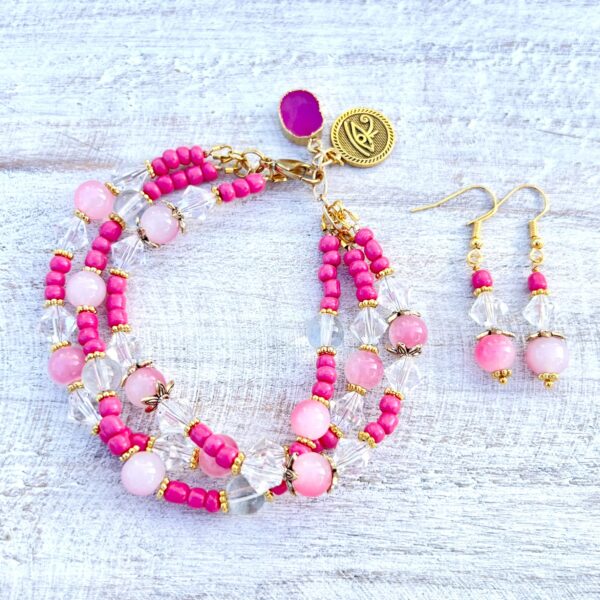 Hot Pink and Clear Glass & Druzy Multi-Strand Bracelet & Earrings Set