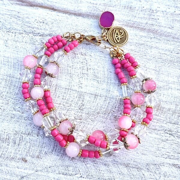 Hot Pink and Clear Glass & Druzy Multi-Strand Bracelet & Earrings Set