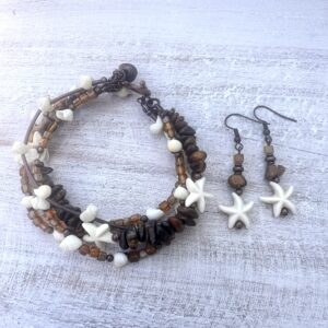 Tiger's Eye, Glass, Shell & Turquoise Howlite Starfish Multi-Strand Bracelet & Earrings Set