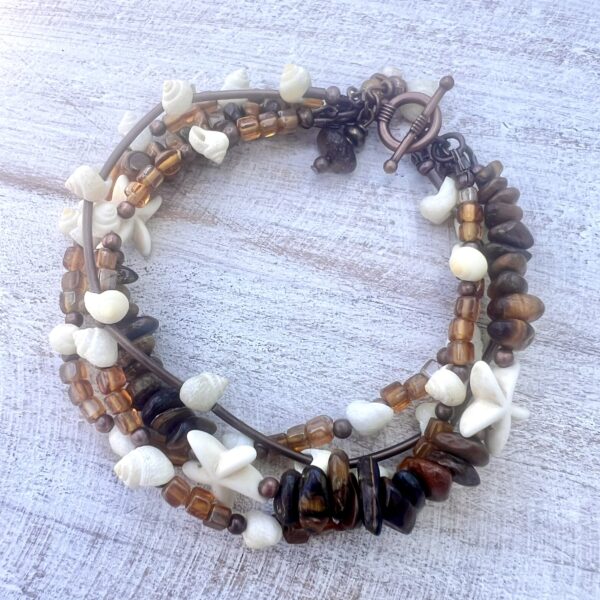 Tiger's Eye, Glass, Shell & Turquoise Howlite Starfish Multi-Strand Bracelet & Earrings Set