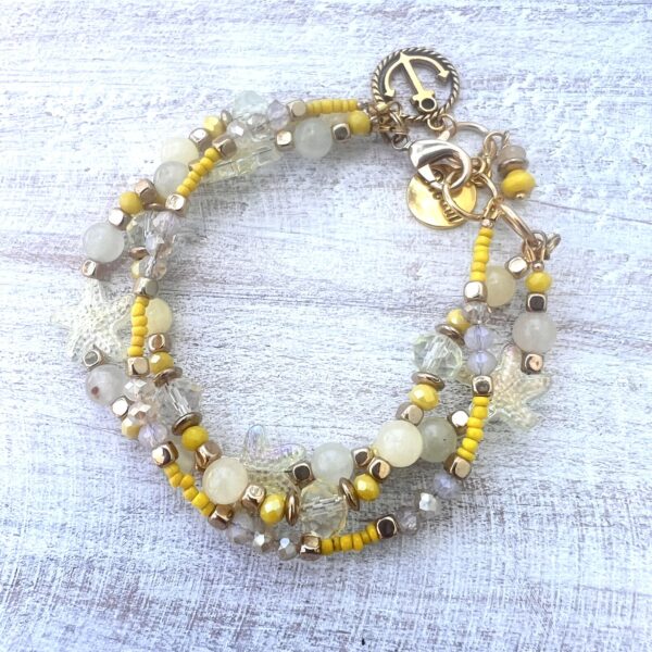 Yellow Jade & Glass Starfish Multi-Strand Bracelet & Earrings Set