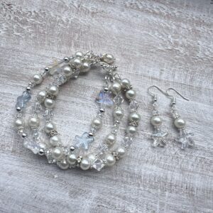 White Pearl & Clear Glass Starfish Multi-Strand Bracelet & Earrings Set