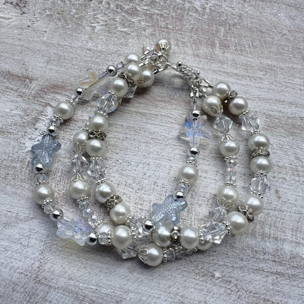 White Pearl & Clear Glass Starfish Multi-Strand Bracelet & Earrings Set