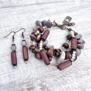 Agate, Wood, Glass and Bronze Multi-Strand Bracelet & Earrings Set