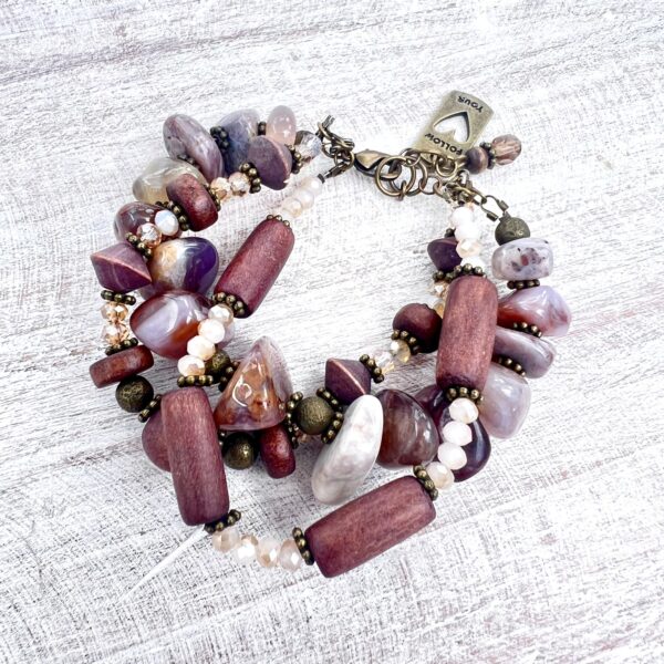 Agate, Wood, Glass and Bronze Multi-Strand Bracelet & Earrings Set