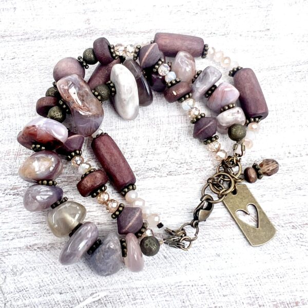 Agate, Wood, Glass and Bronze Multi-Strand Bracelet & Earrings Set