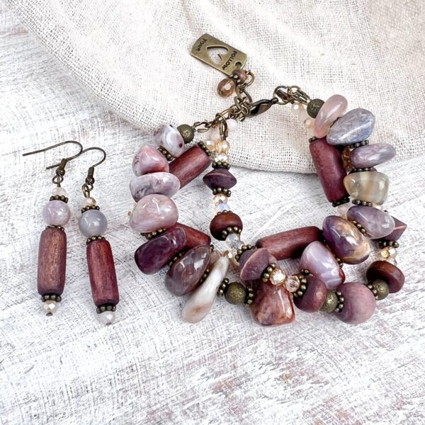 Agate, Wood, Glass and Bronze Multi-Strand Bracelet & Earrings Set