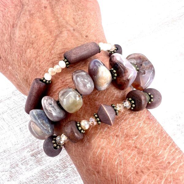 Agate, Wood, Glass and Bronze Multi-Strand Bracelet & Earrings Set