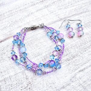 Lavender and Teal Multi-Strand Glass Bracelet & Earrings Set