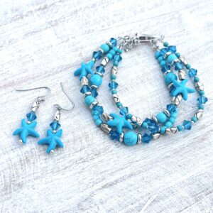 Turquoise Howlite Starfish and Glass Multi-Strand Bracelet & Earrings Set