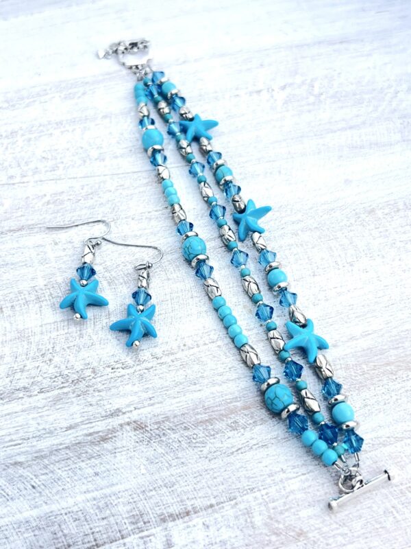 Turquoise Howlite Starfish and Glass Multi-Strand Bracelet & Earrings Set