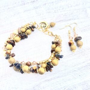 Semiprecious Tiger's Eye Chips, Persian Jade, Gold Frosted and Beige Glass Multi-Strand Bracelet & Earrings Set