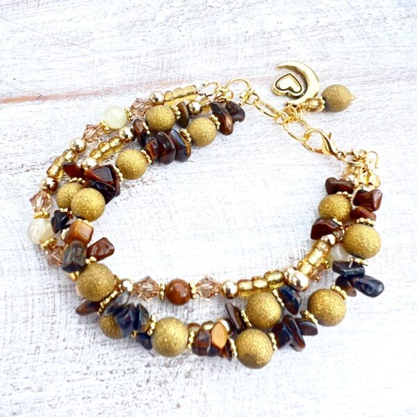 Semiprecious Tiger's Eye Chips, Persian Jade, Gold Frosted and Beige Glass Multi-Strand Bracelet & Earrings Set