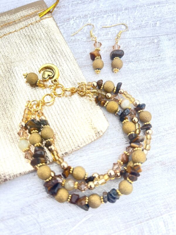 Semiprecious Tiger's Eye Chips, Persian Jade, Gold Frosted and Beige Glass Multi-Strand Bracelet & Earrings Set