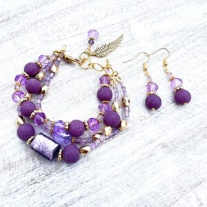 Purple & Lavender Glass Gold-Tone Multi-Strand Bracelet & Earrings Set