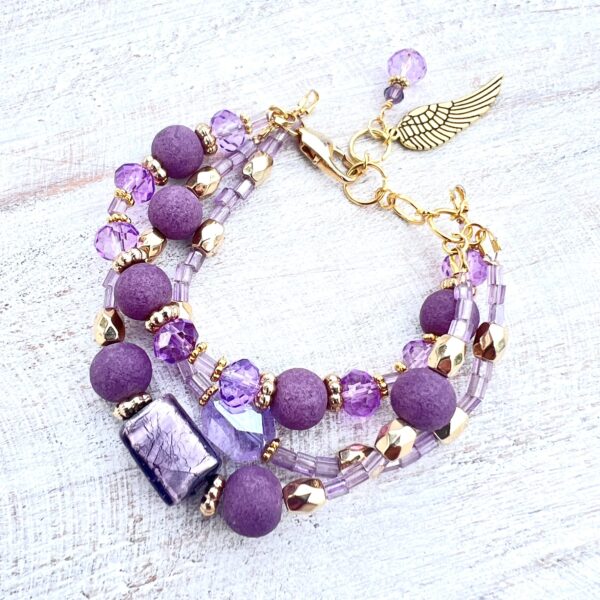 Purple & Lavender Glass Gold-Tone Multi-Strand Bracelet & Earrings Set