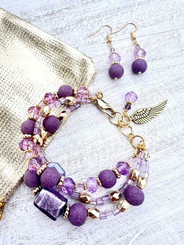 Purple & Lavender Glass Gold-Tone Multi-Strand Bracelet & Earrings Set