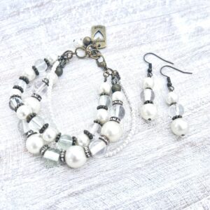 Clear Glass & White Pearl Bronze "Follow Your Heart" Multi-Strand Bracelet Set
