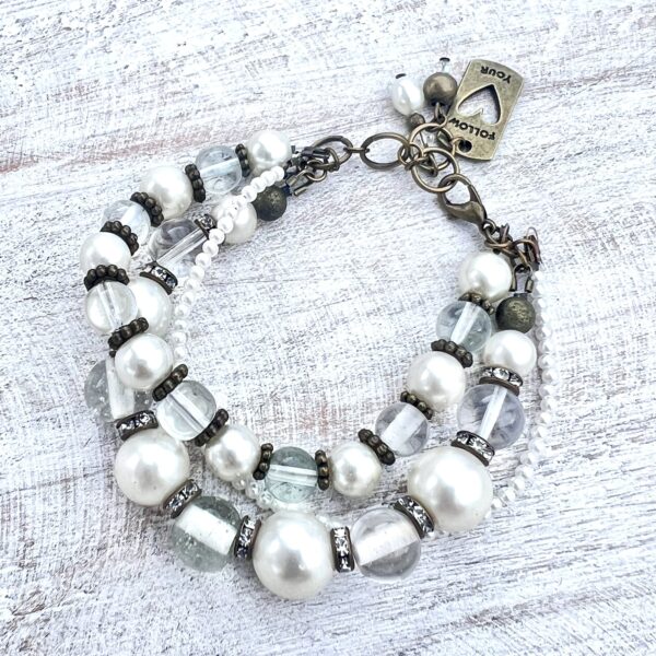 Clear Glass & White Pearl Bronze "Follow Your Heart" Multi-Strand Bracelet Set