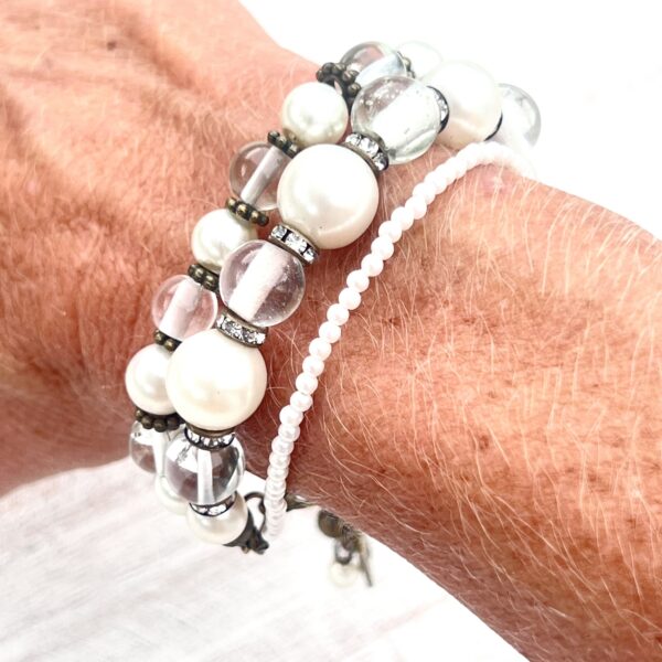 Clear Glass & White Pearl Bronze "Follow Your Heart" Multi-Strand Bracelet Set