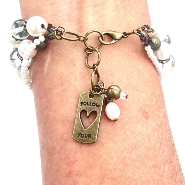 Clear Glass & White Pearl Bronze "Follow Your Heart" Multi-Strand Bracelet Set