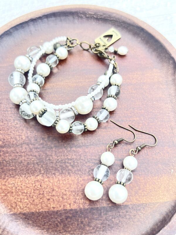 Clear Glass & White Pearl Bronze "Follow Your Heart" Multi-Strand Bracelet Set