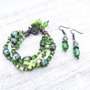 Green Glass, Cross and Copper Multi-Strand Bracelet & Earrings Set