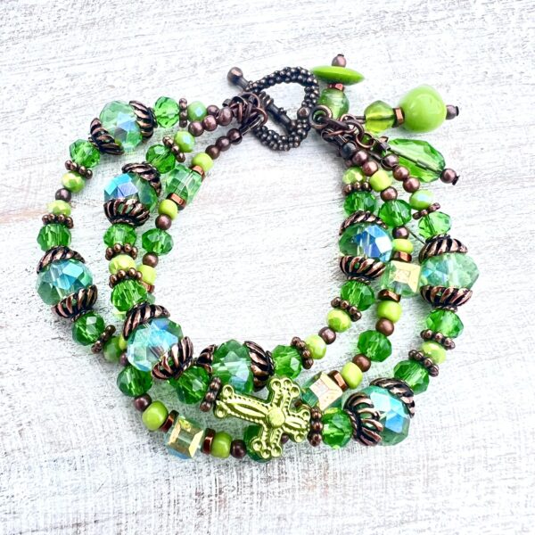 Green Glass, Cross and Copper Multi-Strand Bracelet & Earrings Set