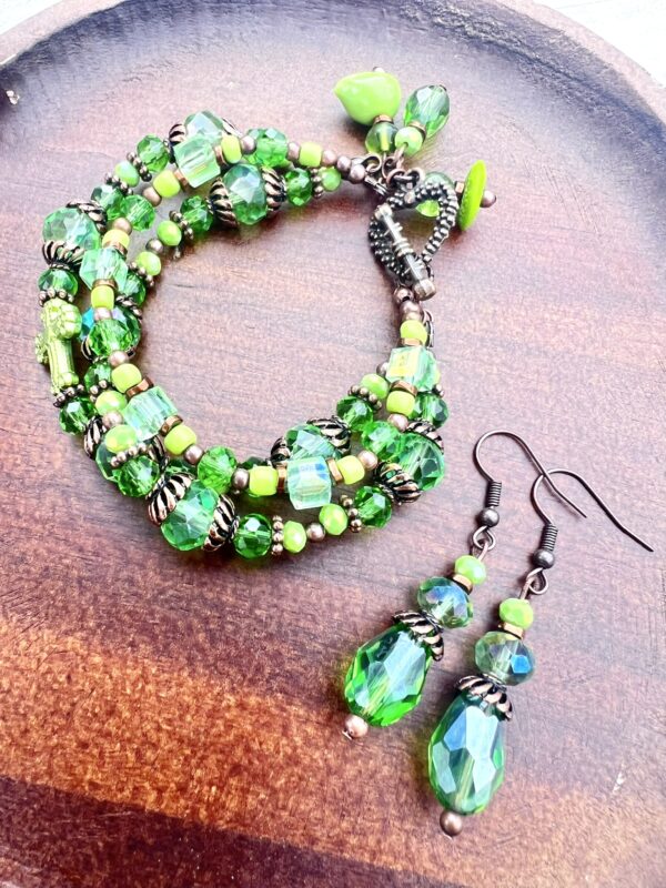 Green Glass, Cross and Copper Multi-Strand Bracelet & Earrings Set