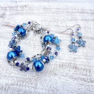 Blue & Iridescent Starfish Multi-Strand Bracelet & Earrings Set