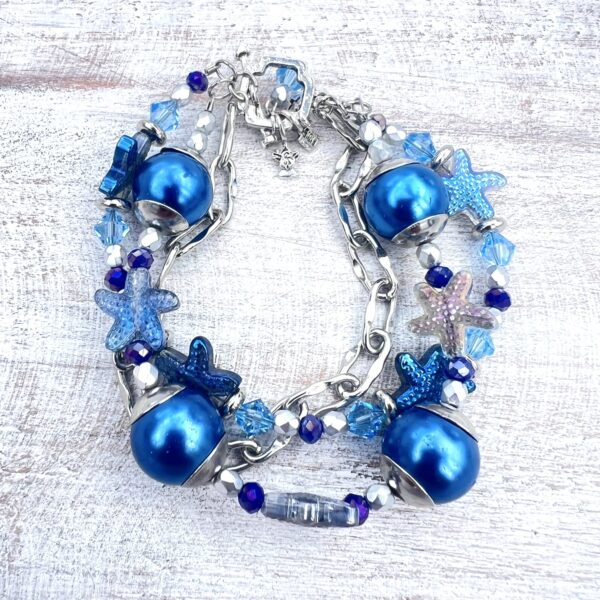 Blue & Iridescent Starfish Multi-Strand Bracelet & Earrings Set