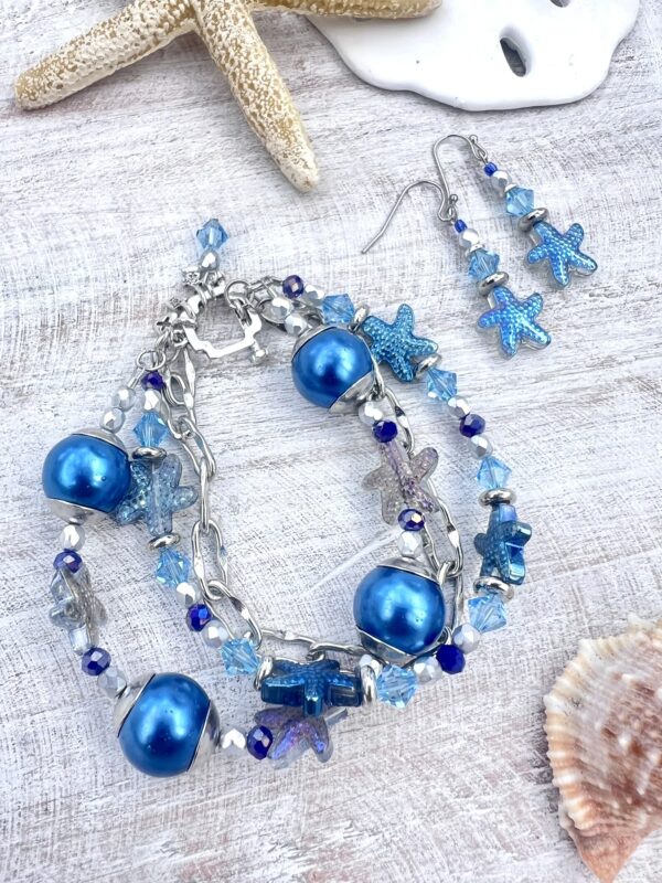 Blue & Iridescent Starfish Multi-Strand Bracelet & Earrings Set