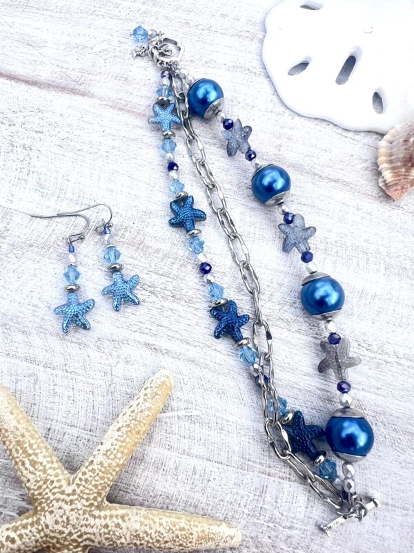 Blue & Iridescent Starfish Multi-Strand Bracelet & Earrings Set