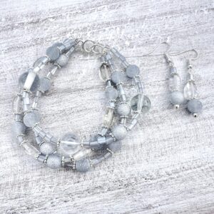 Iridescent Clear & Gray Glass Multi-Strand Bracelet & Earrings Set